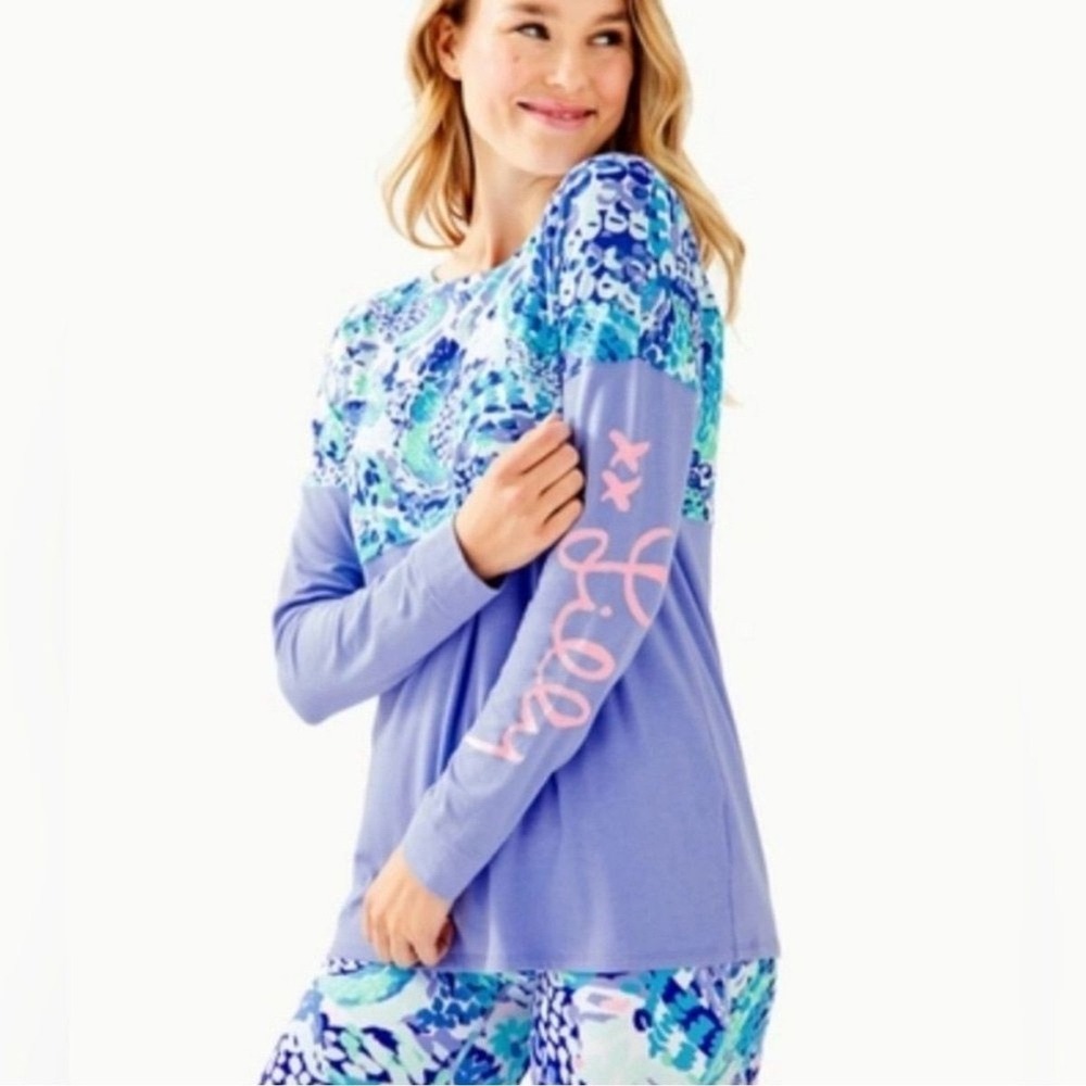 Lilly Pulitzer Finn Long Sleeve Top Mermaid Grotto Blue Purple Cotton Small NWOT
